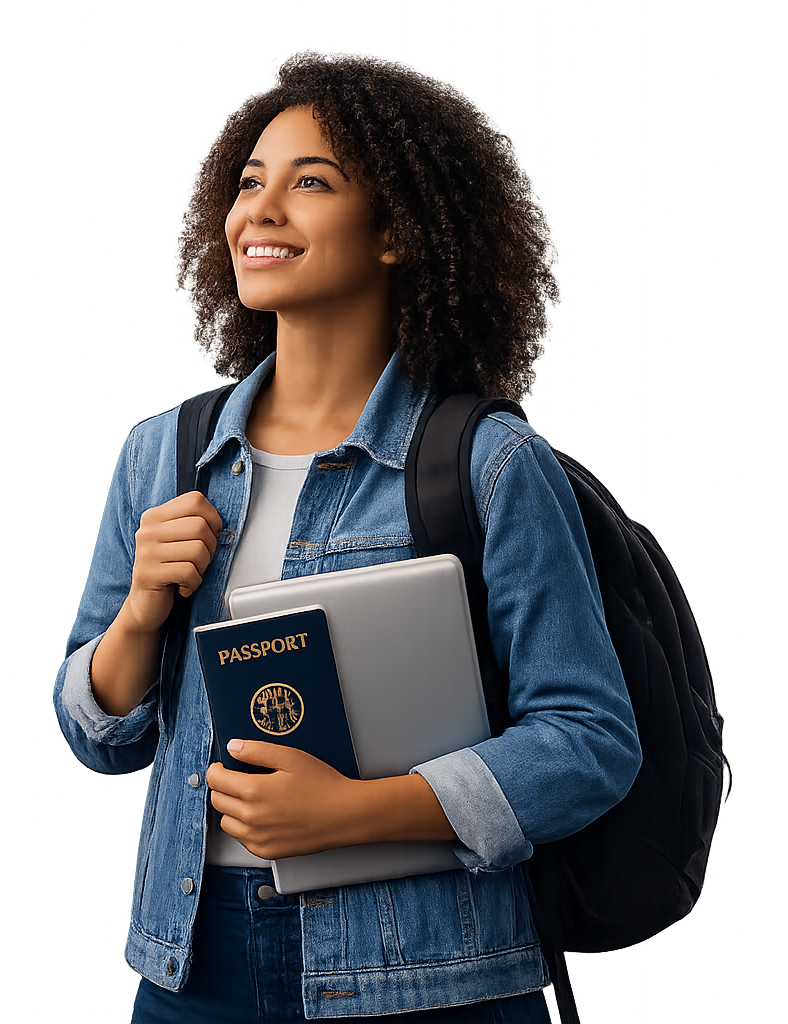 Happy student looking at a laptop, representing a successful study abroad journey